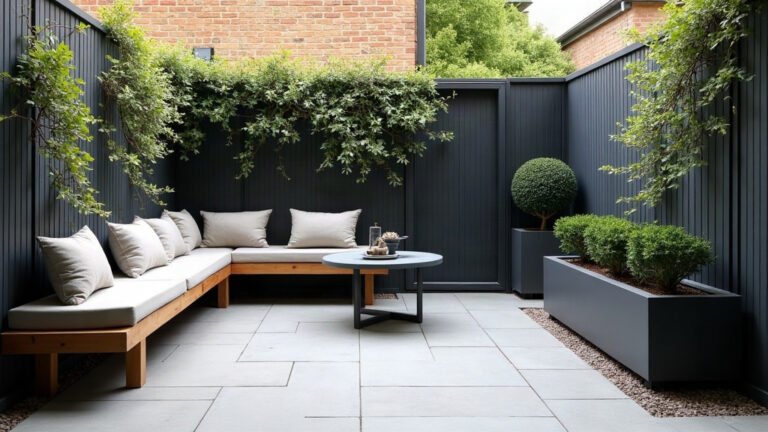 Small paved courtyard with a built-in timber bench and cushions, a round table, dark charcoal fences with climbing plants and large grey planters of clipped shrubs