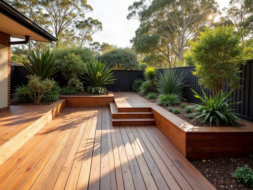 Hardwood timber deck with raised garden beds built from timber sleepers in an Australian backyard