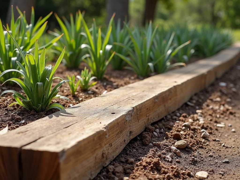 Weathered timber sleeper used as garden edging, with soil against the base of the timber