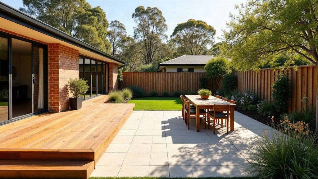 Australian backyard with a raised hardwood deck stepping down to a pale paved entertaining area with an outdoor dining table, lawn and gum trees behind a timber fence